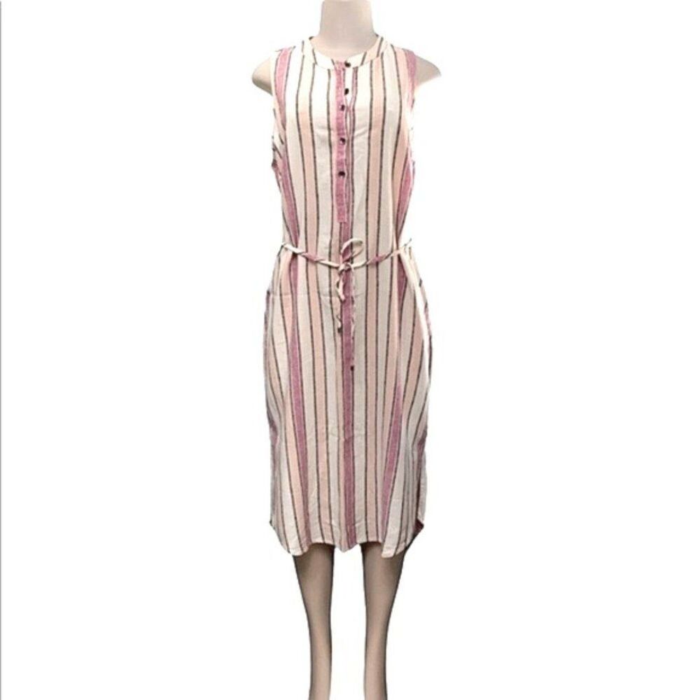 Splendid Picnic Stripe Linen Blend Button Down Washed Red Gray Maxi Dress Medium